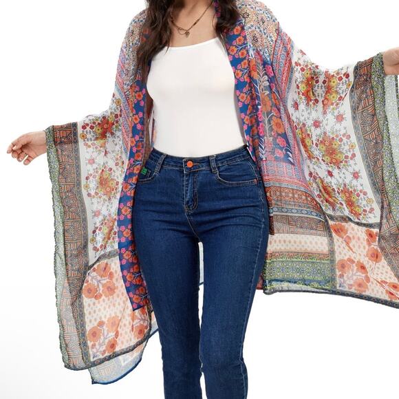 Rachel Zoe Women's Chiffon Mixed Media Bohemian Kimono Wrap Oversized - Picture 5 of 12